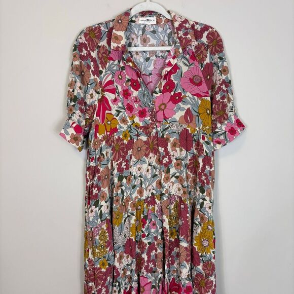 Natural Life Pink and Yellow Floral Print Collared V Neck Short Sleeve Midi Dres - Picture 3 of 7
